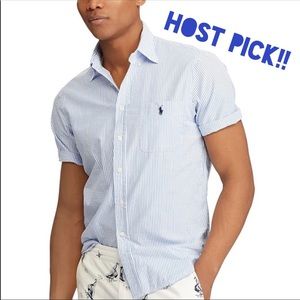 ⬇️👕RALPH LAUREN Blu Stripe Seersucker Shirt LARGE
